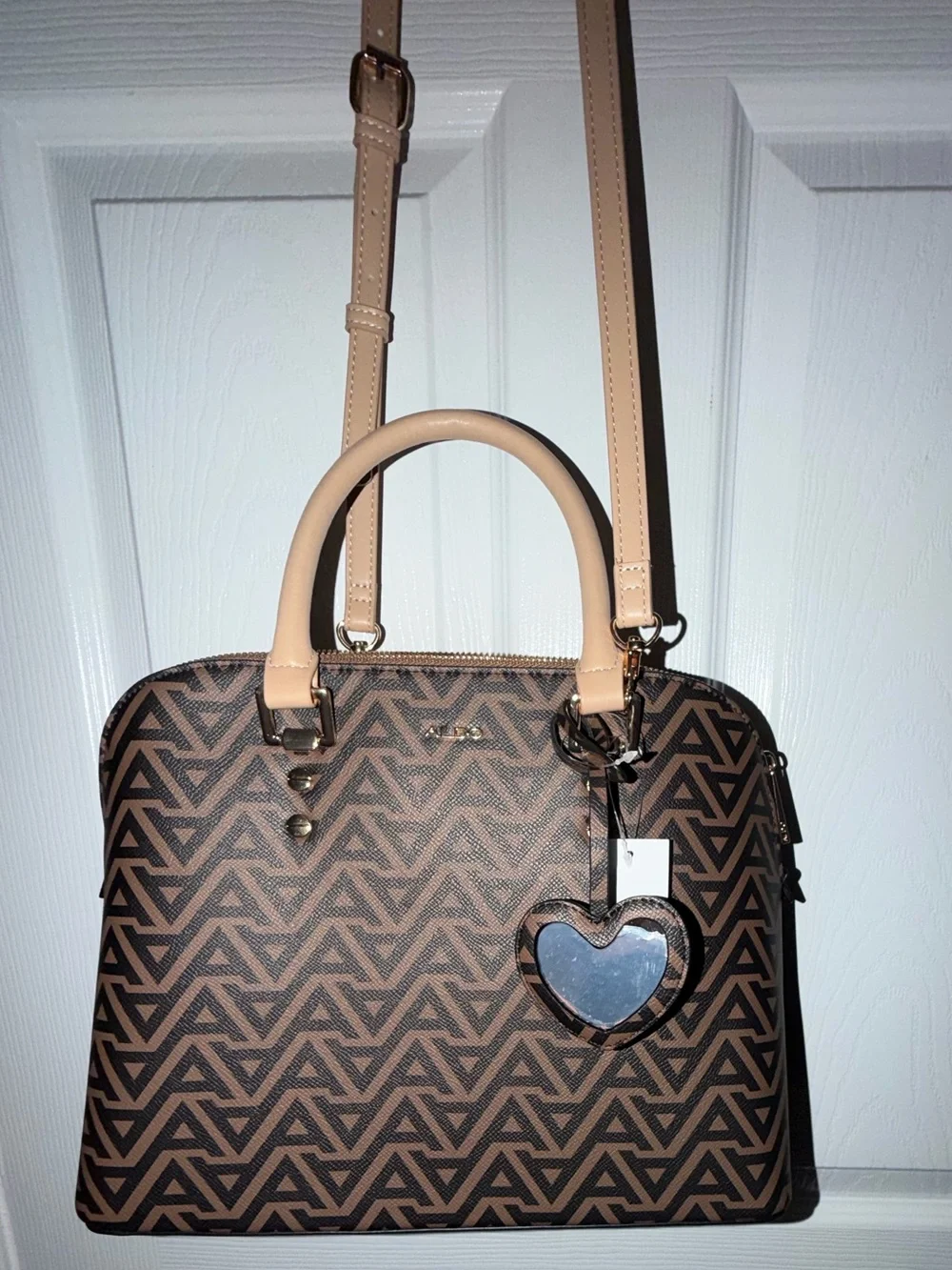 Aldo Brown Patterned Dome Satchel with Tan Handles